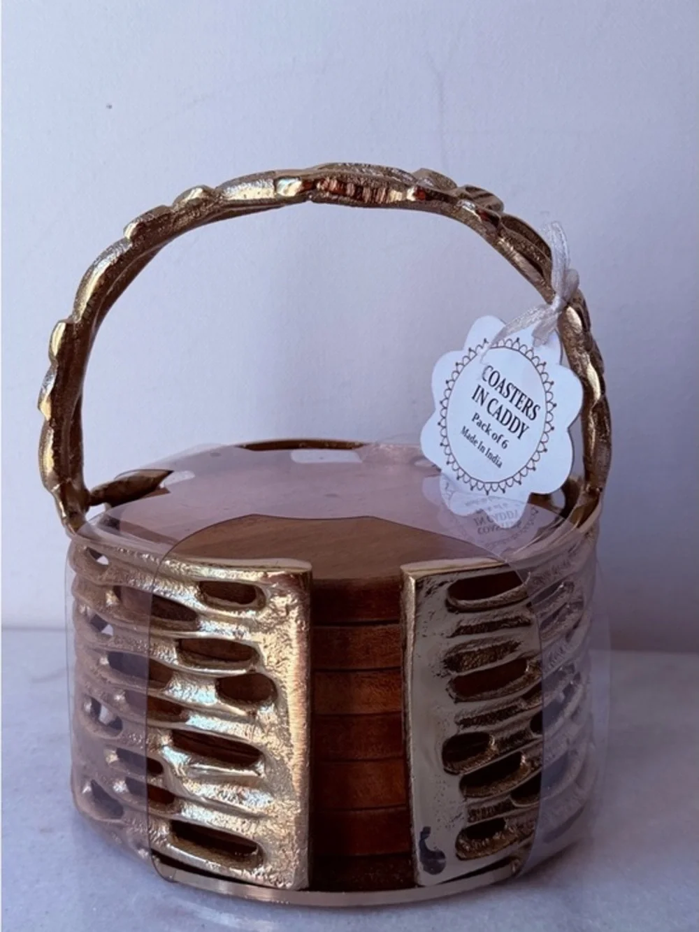 Gold Metallic Coaster Set with Holder